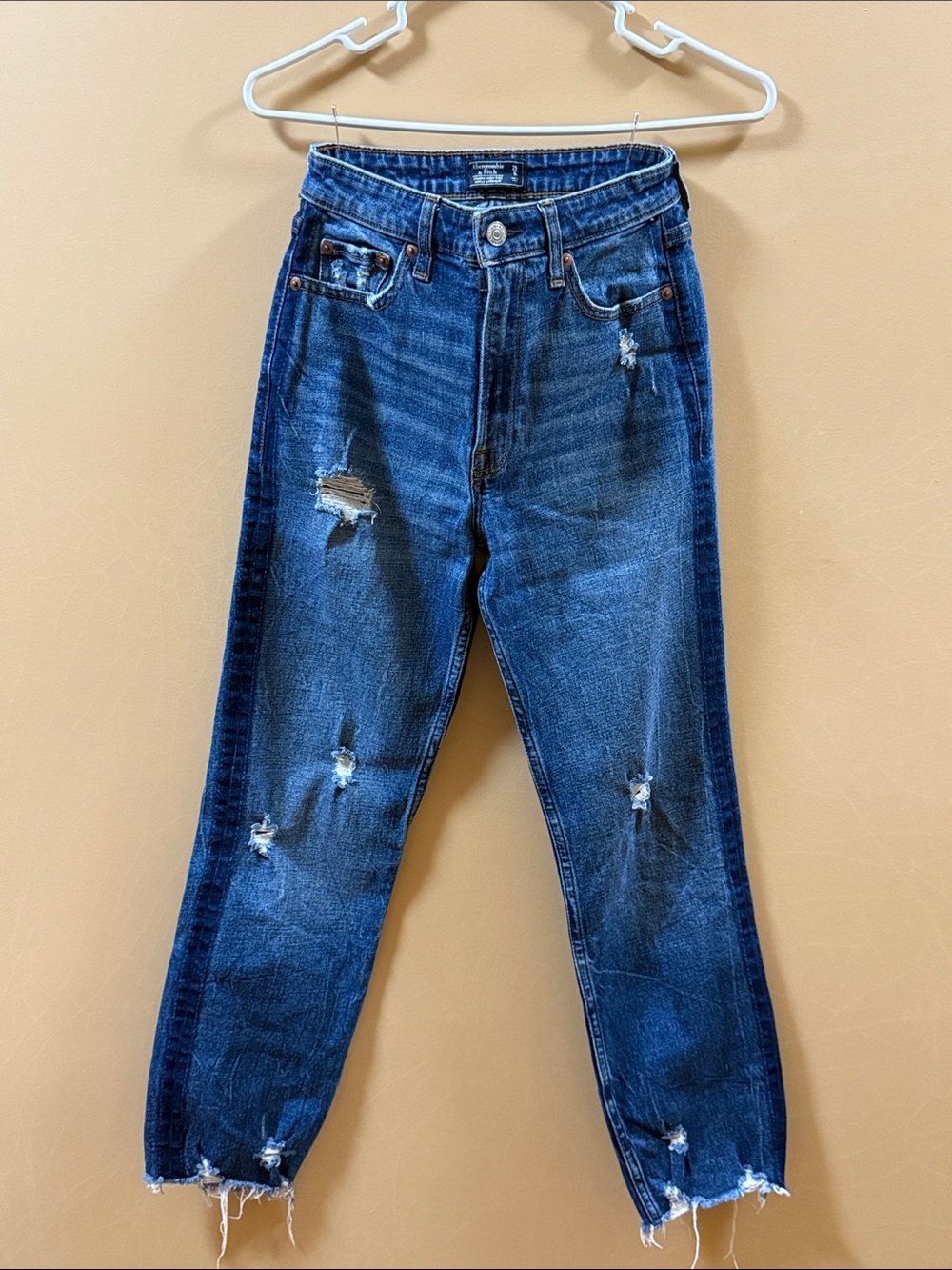 Abercrombie & Fitch Men's Distressed Dark Blue Slim Straight Jeans